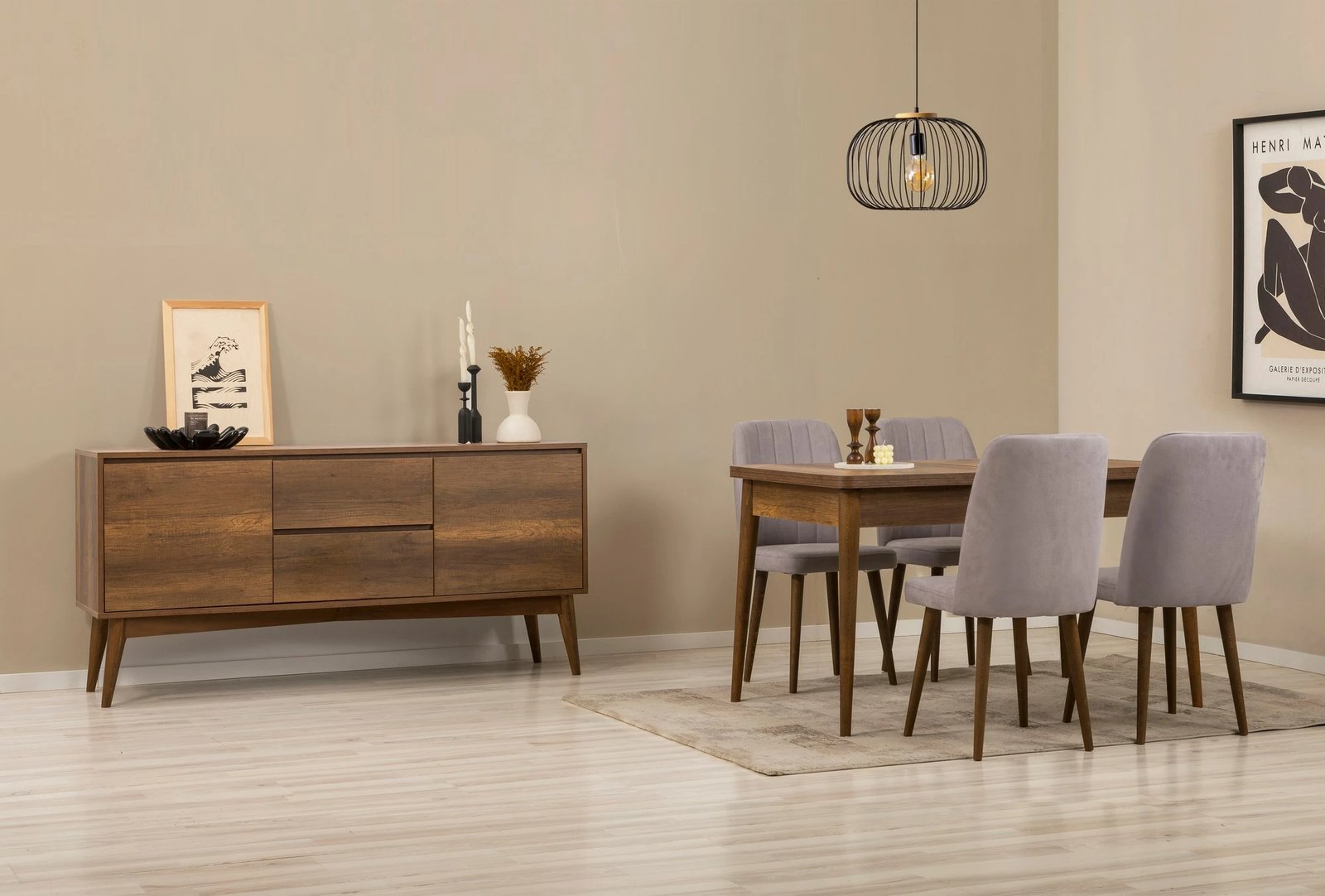 Set tavoline ngrënie me karrige dhe konsol (6 copë), Skye Decor, Vina 01 0701, ngjyrë arre, gri