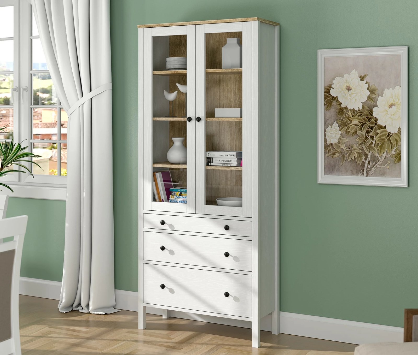 Raft librash Hanah Home, FRN-20069, ngjyrë druri dhe e bardhë