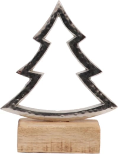 Dekor pemë Krishtlindjesh EIRA, alumin argjend, dru mango natyral, 10x5x14cm