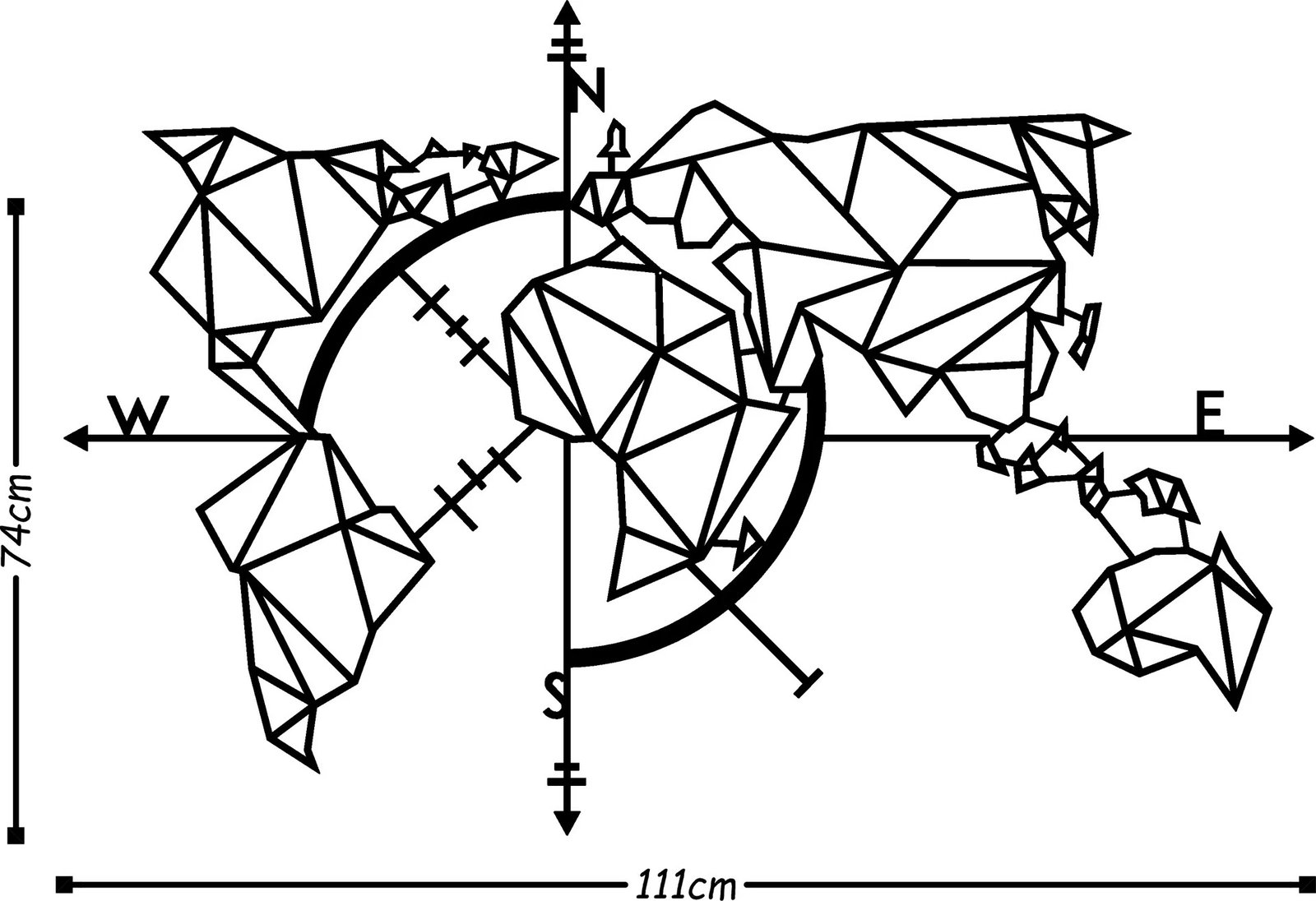Aksesor dekorativ metalik për mur, hartë bote, ngjyrë e zezë, Wallity, 111x74cm