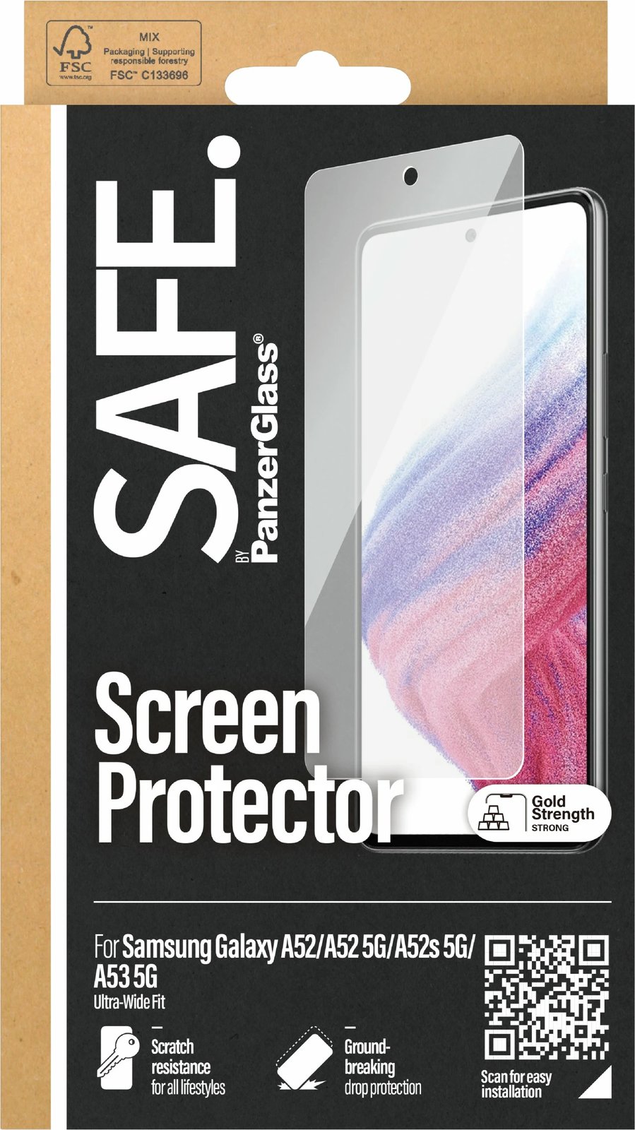 Mbrojtës xhami PanzerGlass për Samsung Galaxy A52/A52 5G/A52s 5G/A53s 5G, transparent me kornizë të zezë