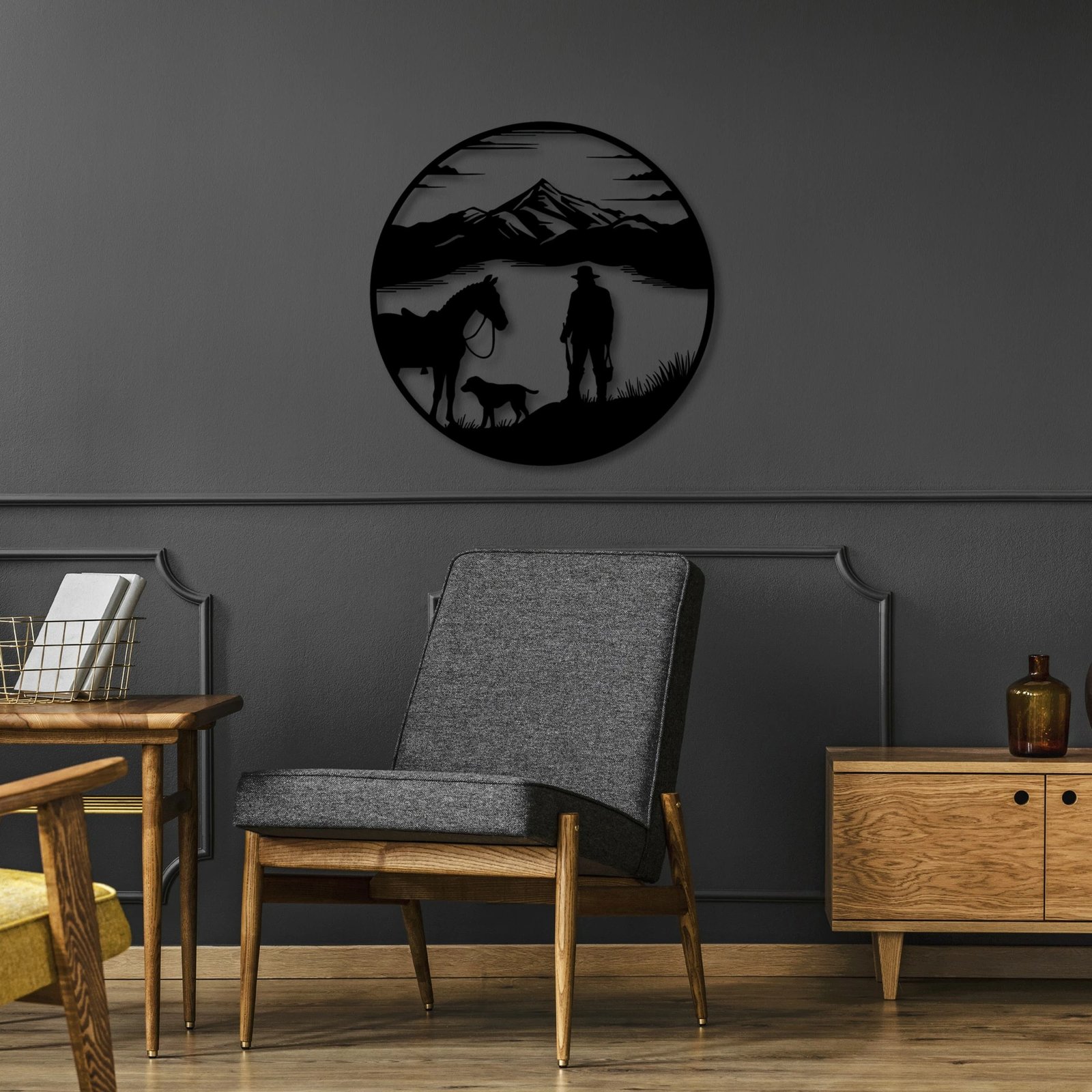 Aksesor dekorativ metalik për mur Wallity, gjuetar në liqen