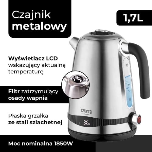 Çajnik elektrik, Camry, CR1291, 1.7L, ekran LCD dhe rregullim temperature 40-100°C, funksion Keep Warm 2h, 1850-2200W, inox