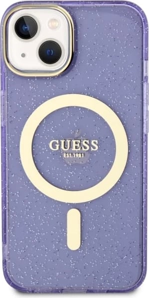 Mbështjellës Guess Glitter Gold MagSafe për iPhone 14, Violet