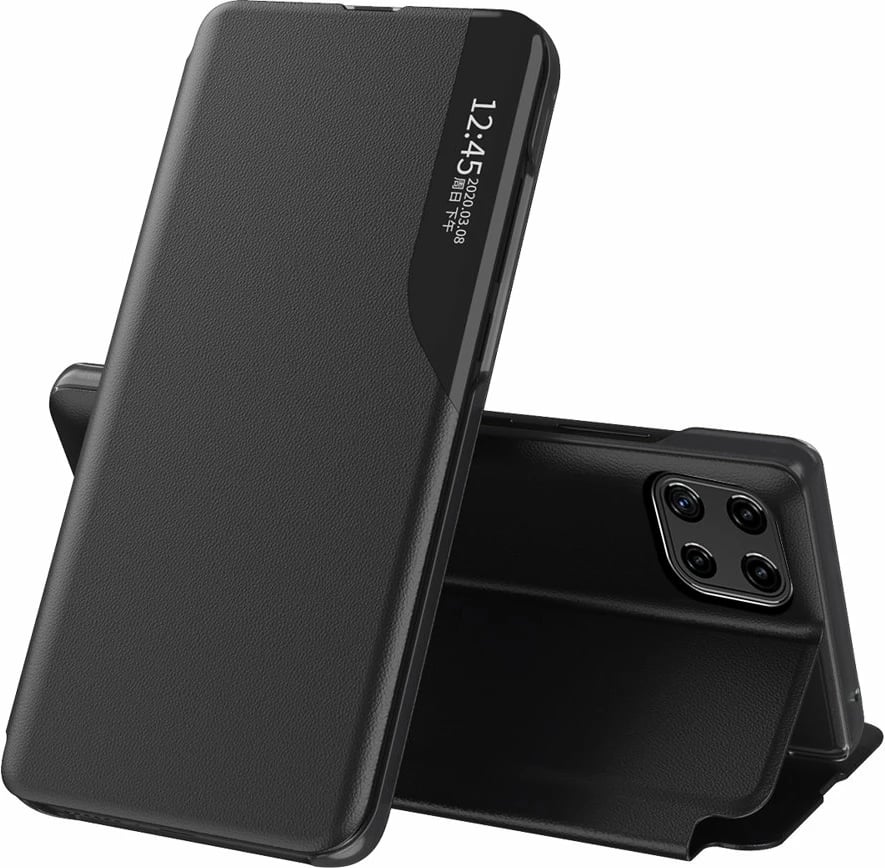 Mbështjellës Hurtel Eco Leather View Case për Samsung Galaxy A22 4G, me kapak dhe mbajtës, e zezë