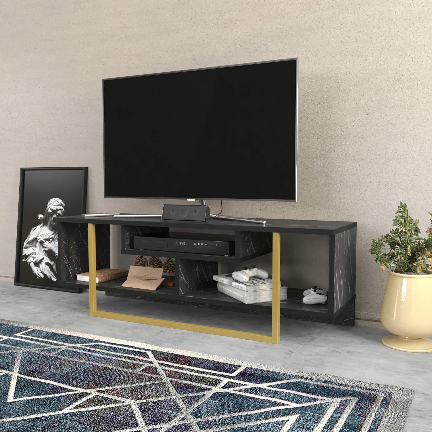 Komodinë TV Hanah Home, Asal 120, e zezë dhe ari