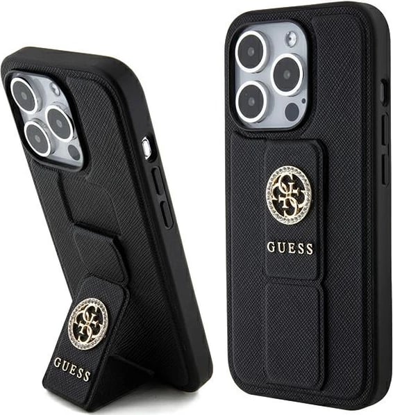 Mbështjellës Guess Grip Stand 4G Saffiano Strass për iPhone 15 Pro Max, i zi