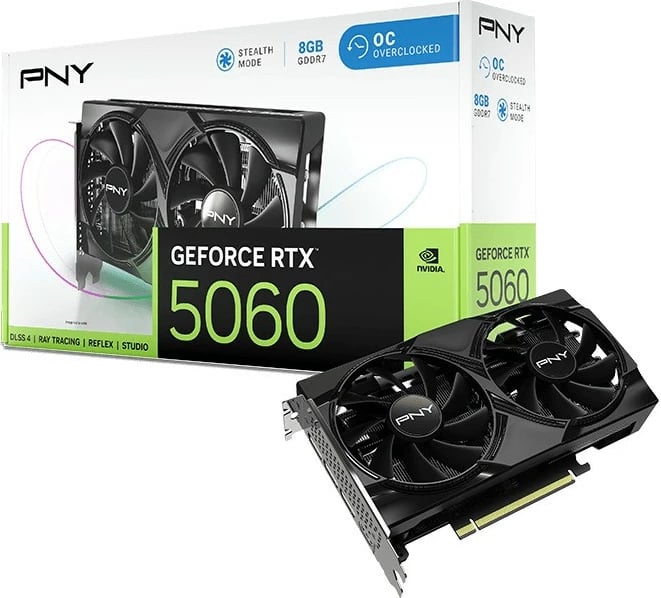 Kartelë grafike PNY GeForce RTX 5060 OC, 8GB DDR7, PCI-E 8x, Dy ventilatorë, E zezë