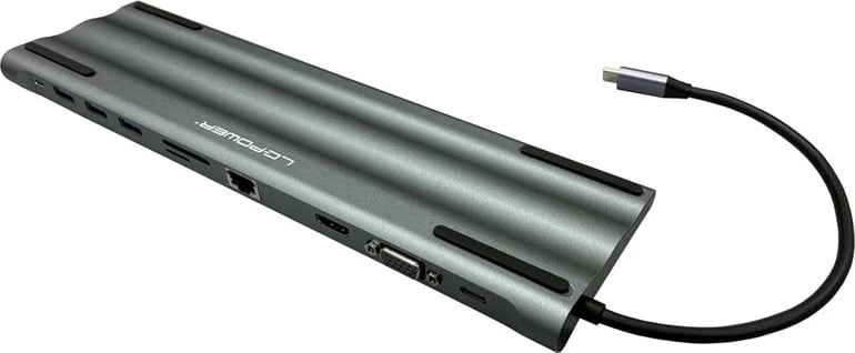 USB hub LC-Power LC-HUB-C-MULTI-8, USB-C, 100W, HDMI, VGA, RJ45, SD, MicroSD, e zezë/argjendtë