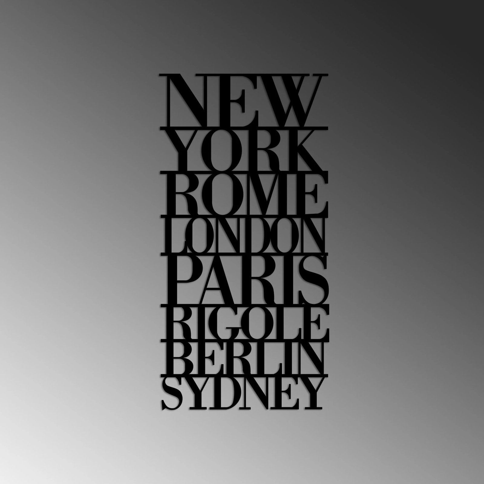 Aksesor dekorativ metalik për mur, Wallity, emrat e kryeqyteteve, ngjyrë e zezë, 57x28cm