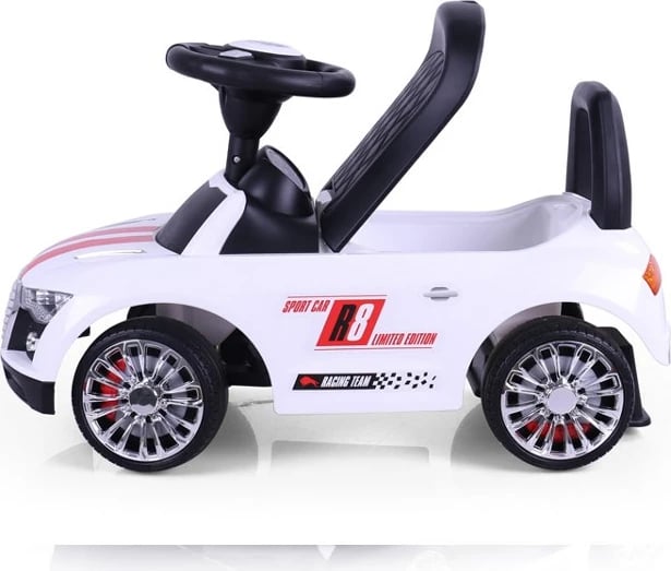 makinë shtytëse për fëmijë, Milly Mally, Racer, me timon interaktiv e 3 melodi, ndalim kundër përmbysjes, bagazh lodrash, deri 25 kg, e bardhë