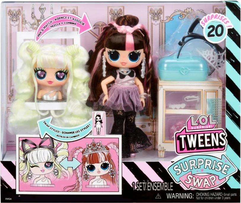Kukull L.O.L. Surprise O.M.G. Tweens Surprise Swap, MGA 591740EUC me kokë të ndërrueshme dhe 20 aksesorë, set