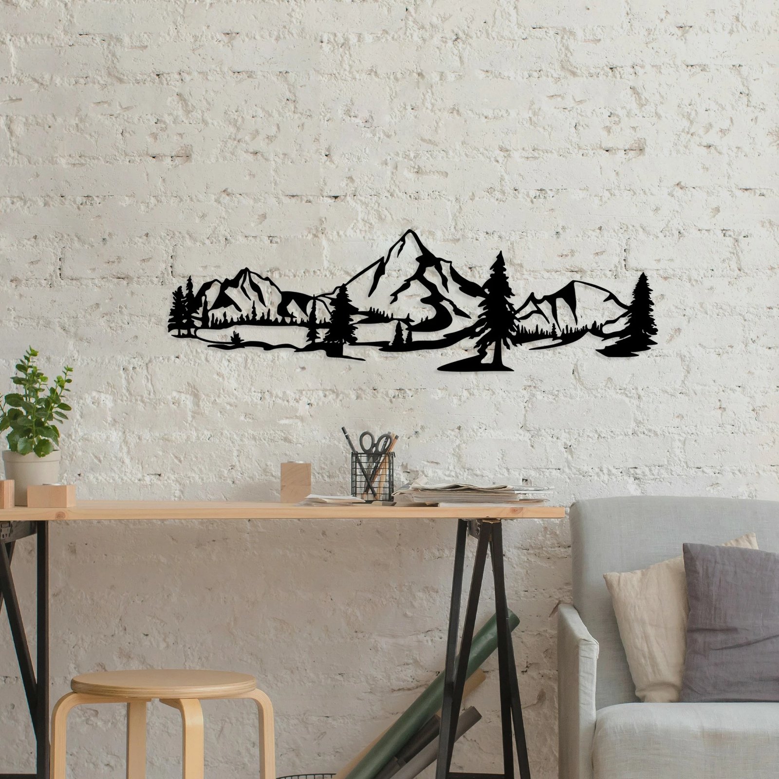 Aksesor dekorativ metalik për mur, peizazh, Wallity, Landscape 4, ngjyrë e zezë, 20x70cm