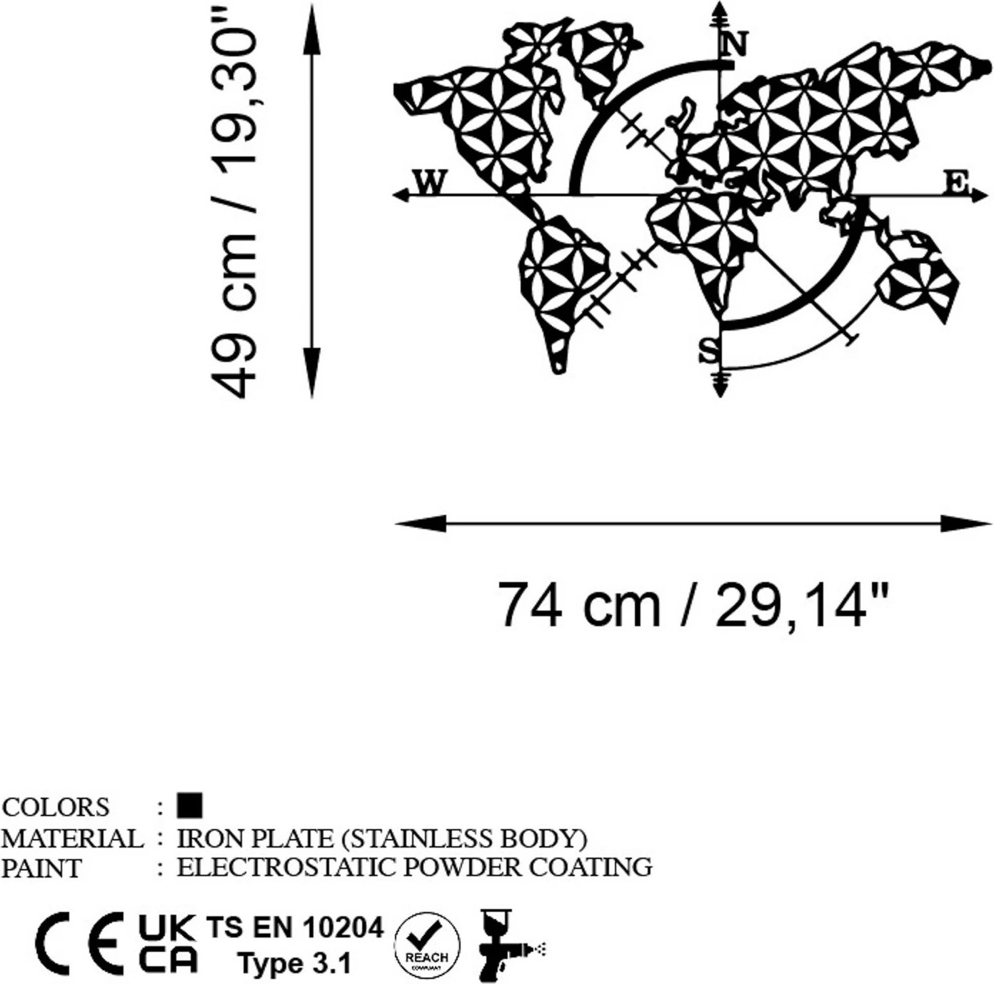 Aksesor dekorativ metalik për mur, hartë e botës, Wallity, v2