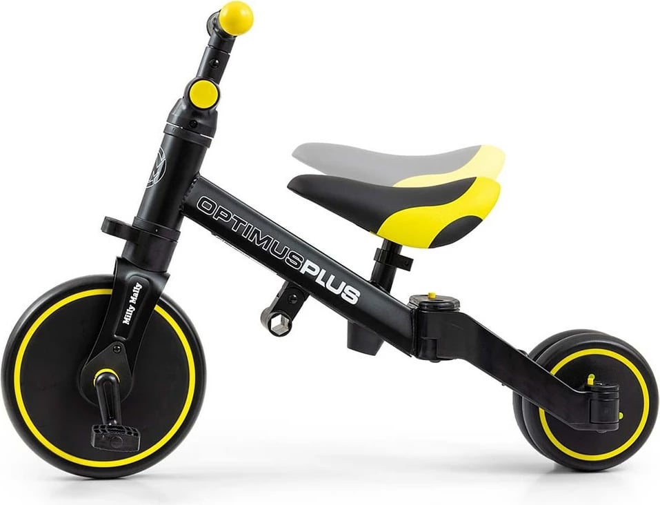 Tricikel 4n1 me shufër drejtimi, Milly Mally Optimus Plus, rrota EVA, kornizë çeliku, për 12m+, deri 25 kg, e zezë