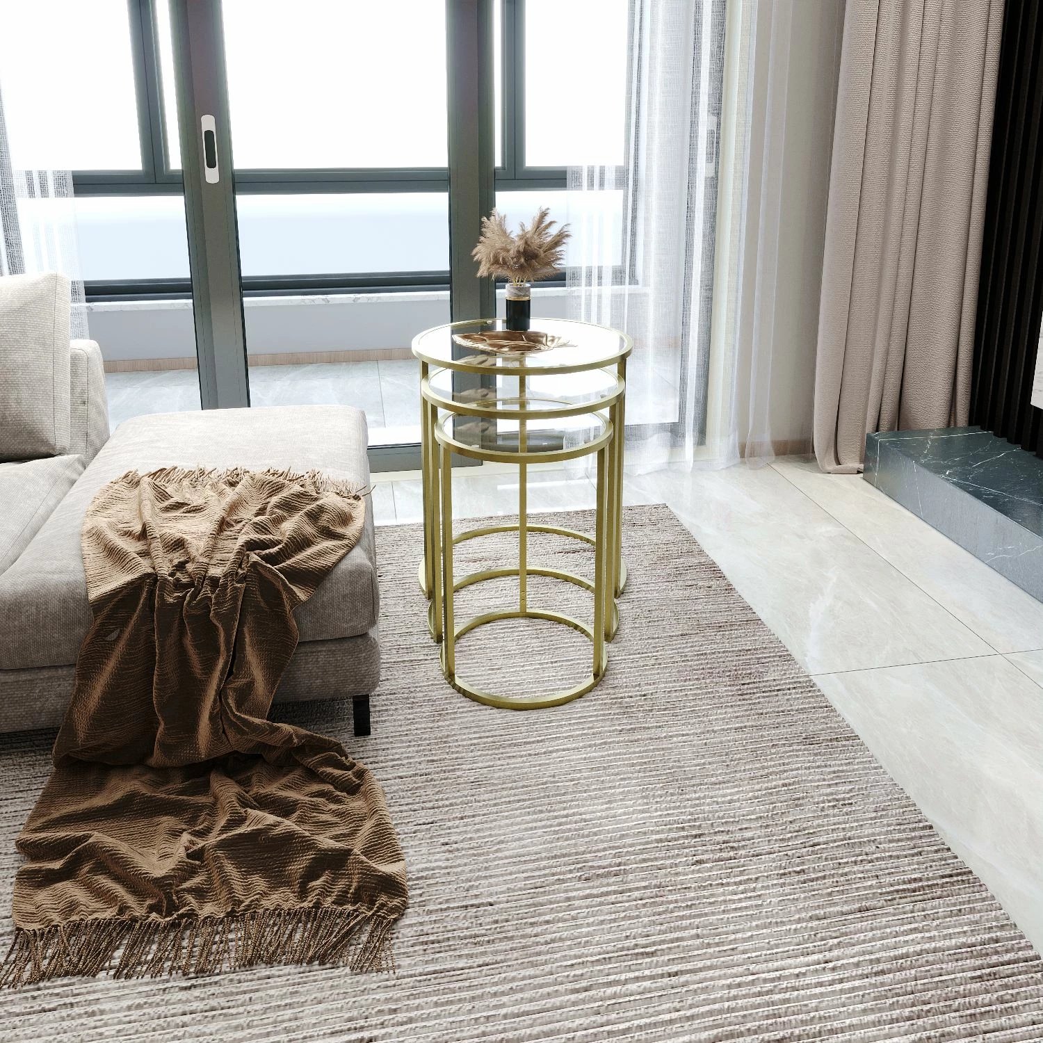 Set tavolinash të vogla, 3 copë, Hanah Home Alya, ngjyrë ari, xham transparent