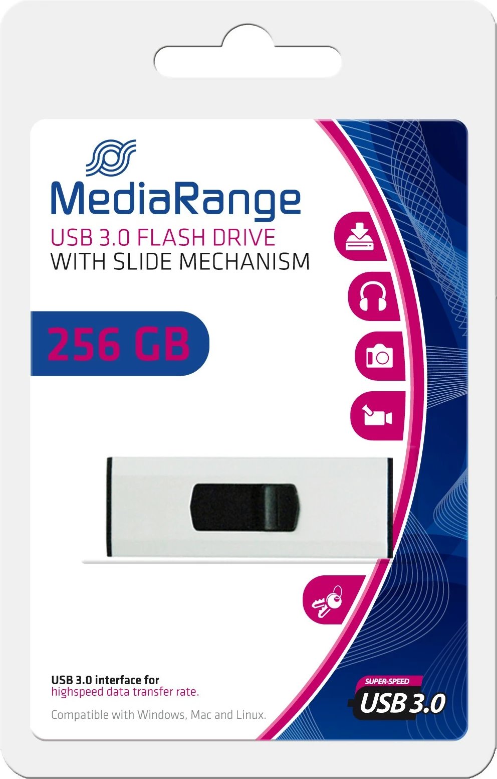 USB stick MediaRange MR919, 256GB, USB 3.2, slide, zi/argjendtë