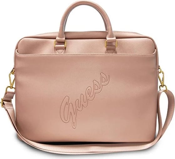 Çantë laptopi Guess Saffiano Script, 16 inç, Rozë