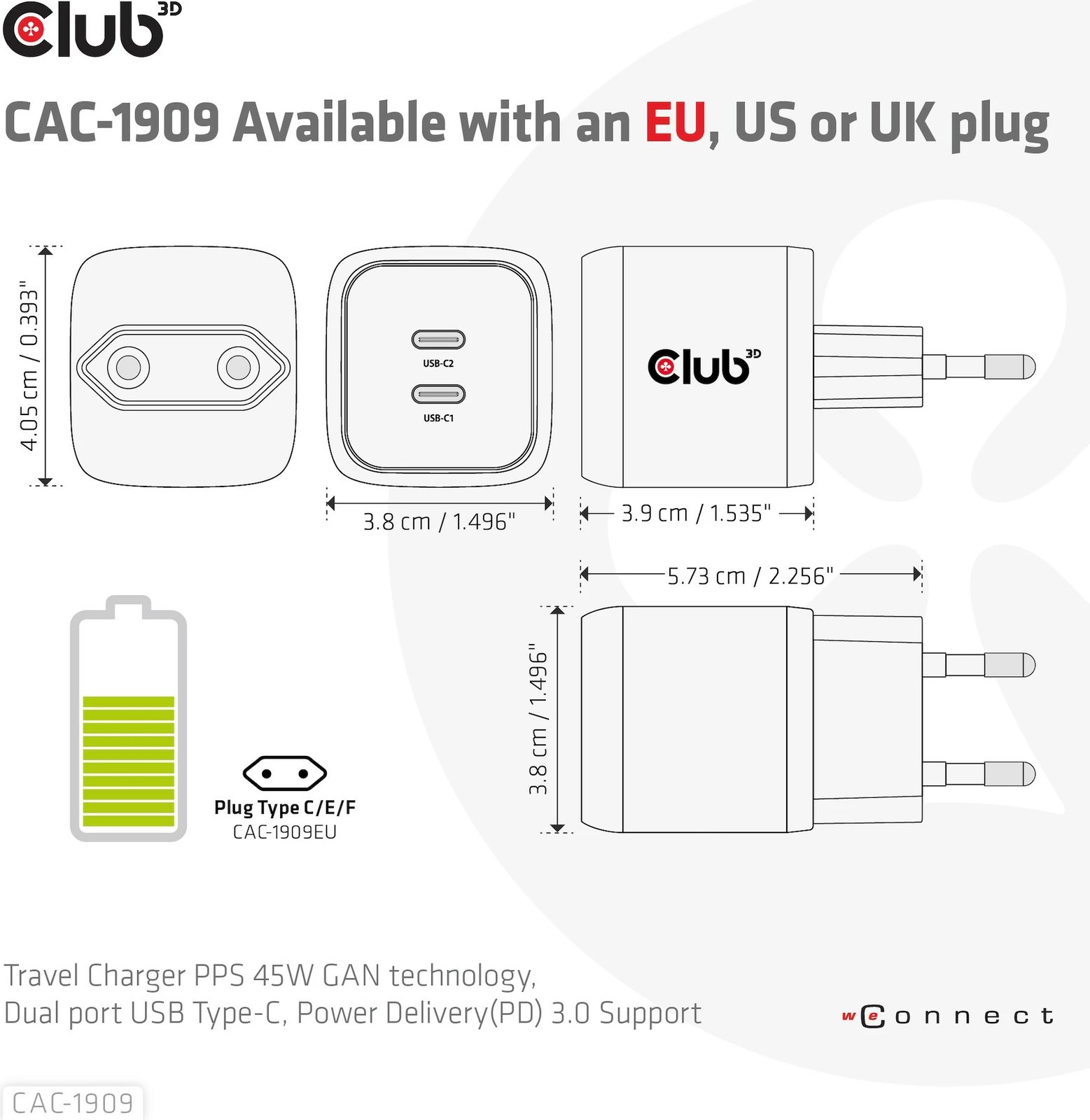 Karikues Club3D 2xUSB Type-C PD 45W, GaN, i zi