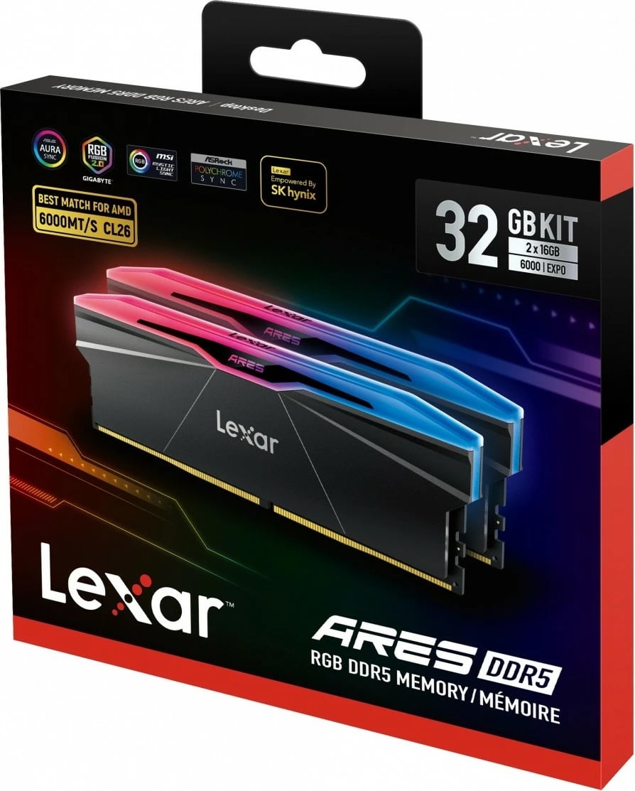 RAM Memorje Lexar ARES RGB DDR5, 32GB (2x16GB), 6000MHz, CL26, E zezë