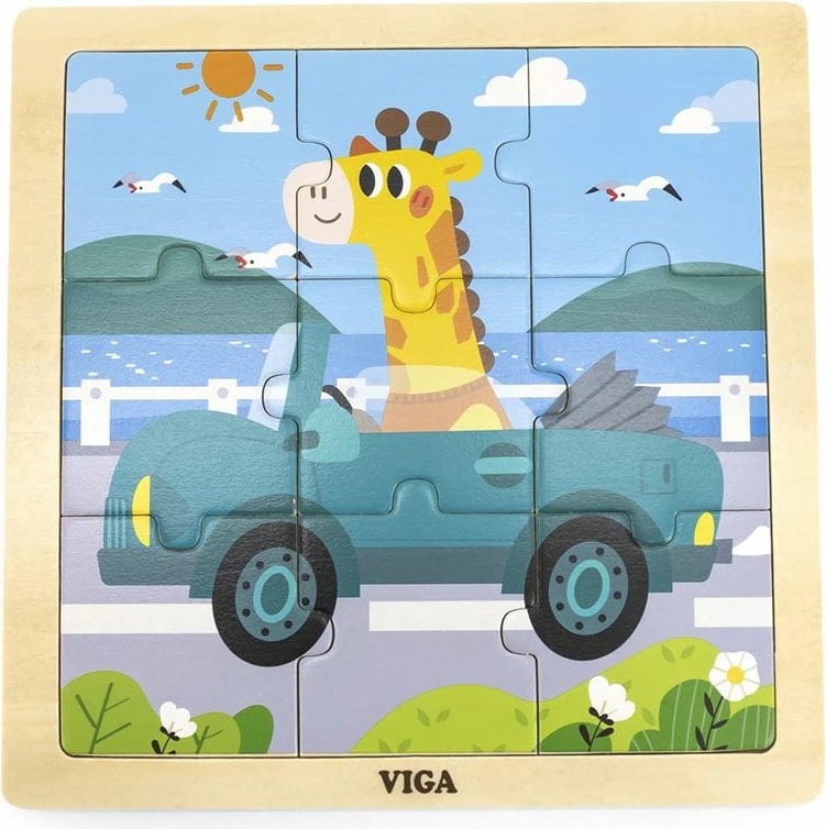 Puzzle druri për fëmijë, Viga, 9 pjesë, motiv makinë, multikolor