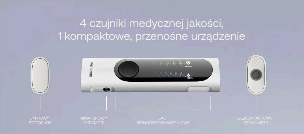 Pajisje mjekësore smart Withings BeamO 4-në-1, EKG, stetoskop dixhital, termometër pa kontakt, saturim, e bardhë