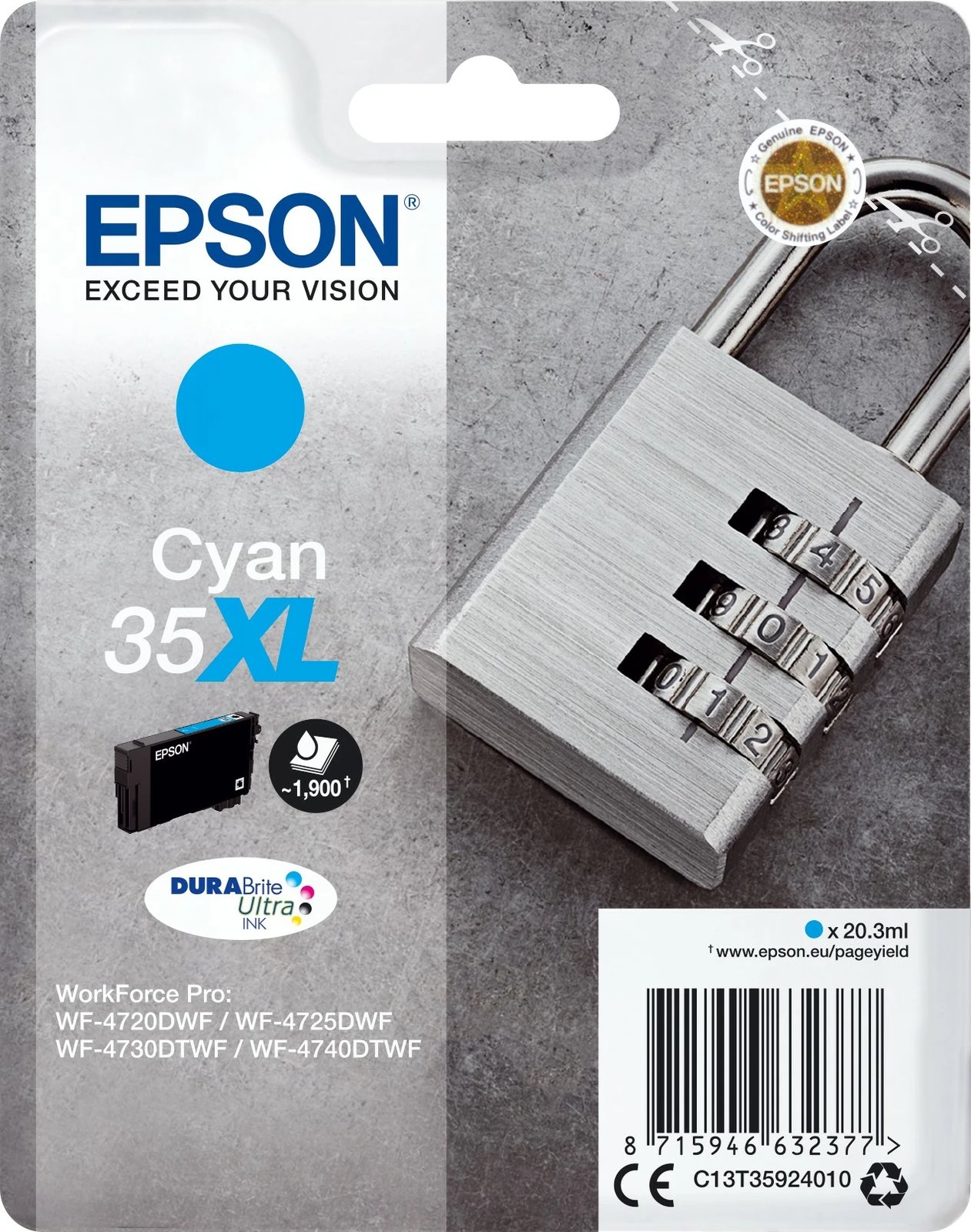 Patron Epson Padlock Singlepack Cyan 35XL DURABrite Ultra Ink, 20.3 ml, Cyan