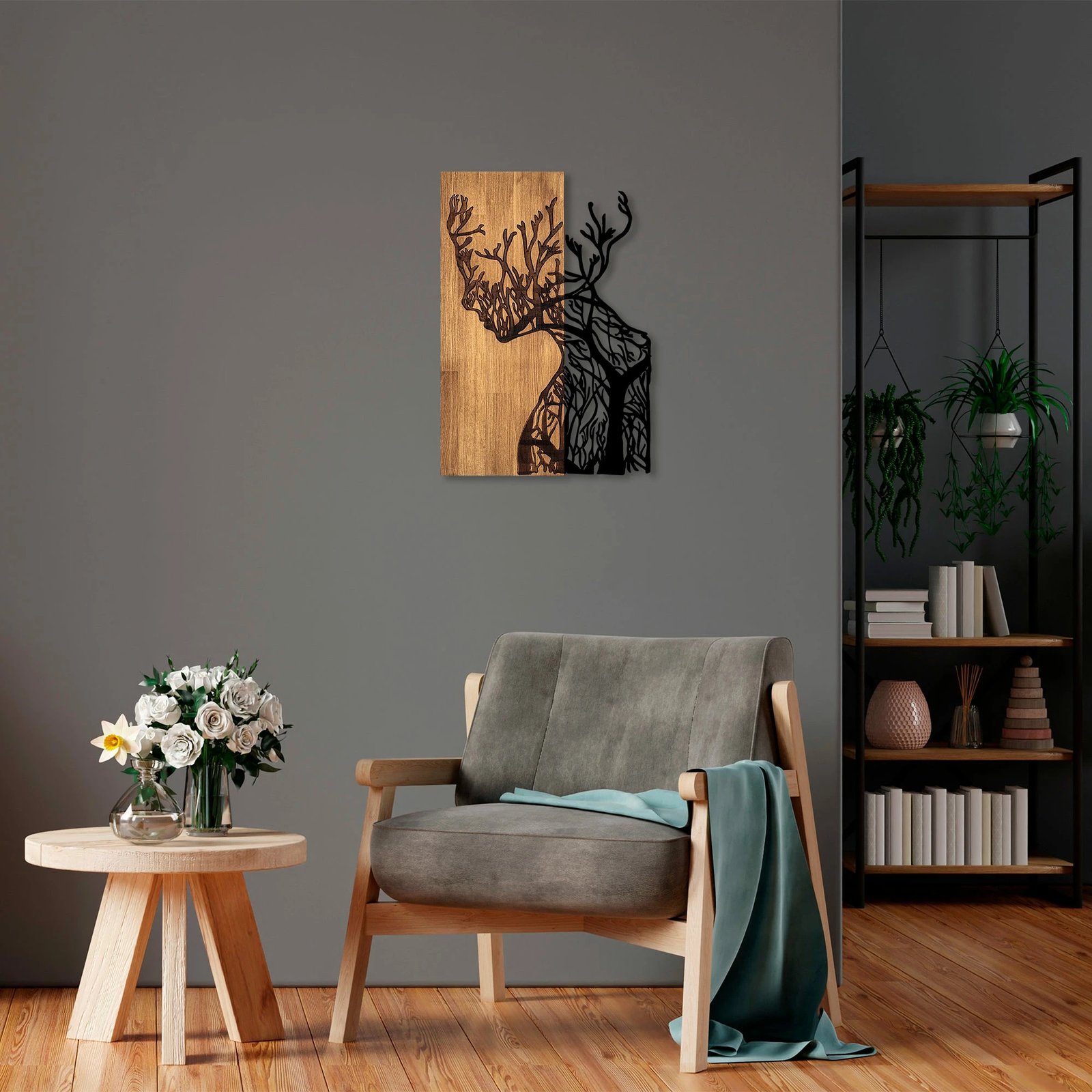 Aksesor dekorativ për mur, dru dhe metal, Wallity, grua pemë, 41x3x58cm