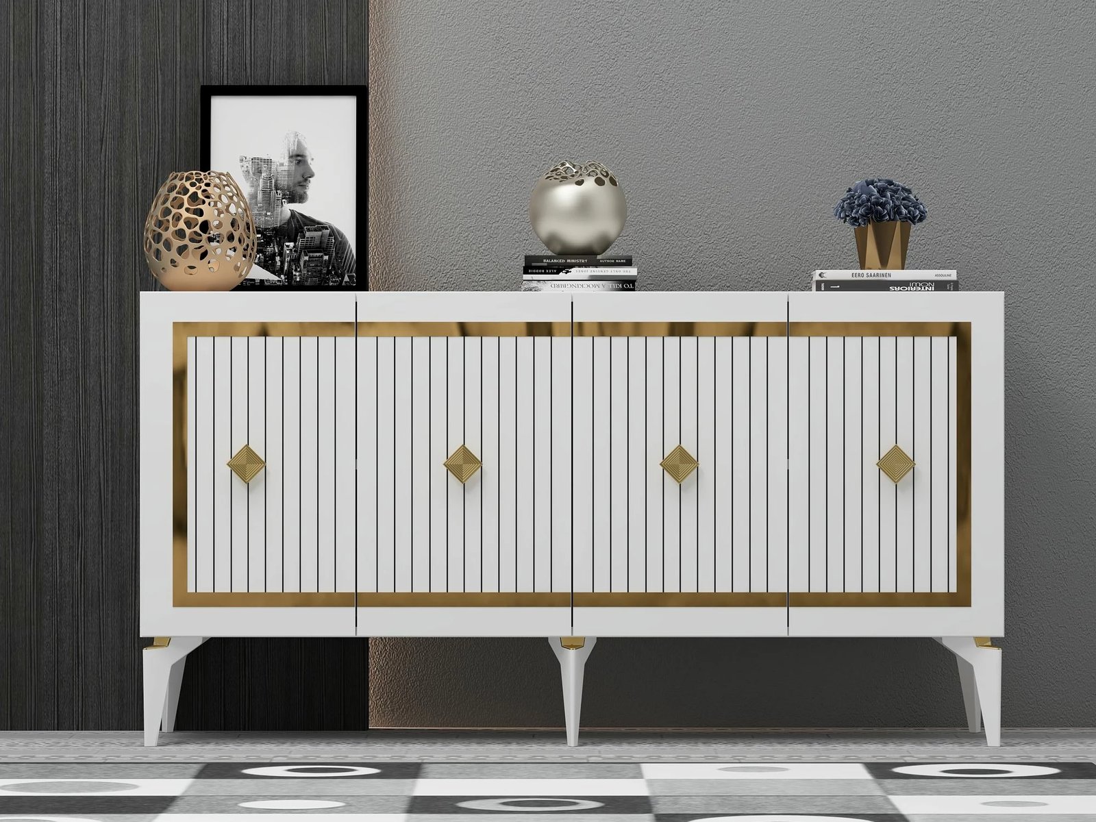 Konsol Skye Decor, e bardhë, ari, Nova