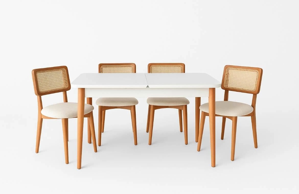 Tavolinë me karrige, zgjatshme, 5 copë, Skye Decor, ngjyrë dru e bardhë, lis