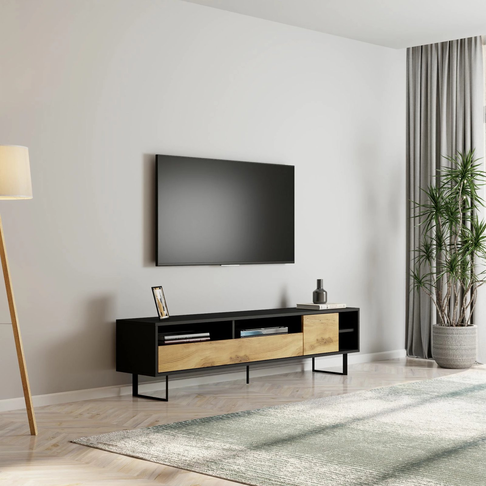 Komodinë TV Skye Decor, ngjyrë e zezë dhe lis, Luga