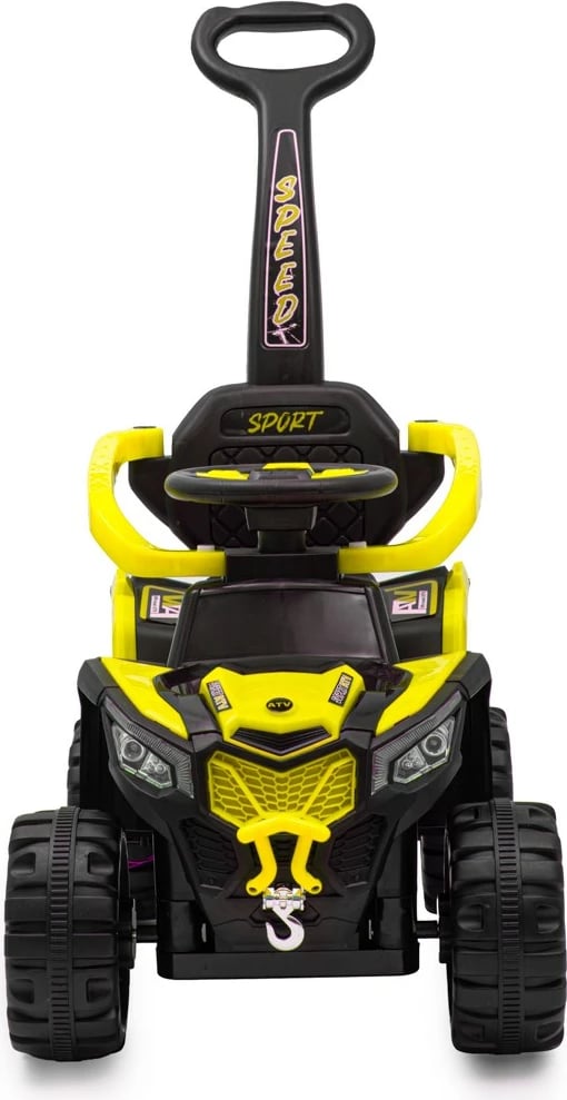 ride-on elektrik katërrrotësh Baby Mix Ruggy 6V 18W me shufër udhëzuese, kapacitet 30 kg, e verdhë