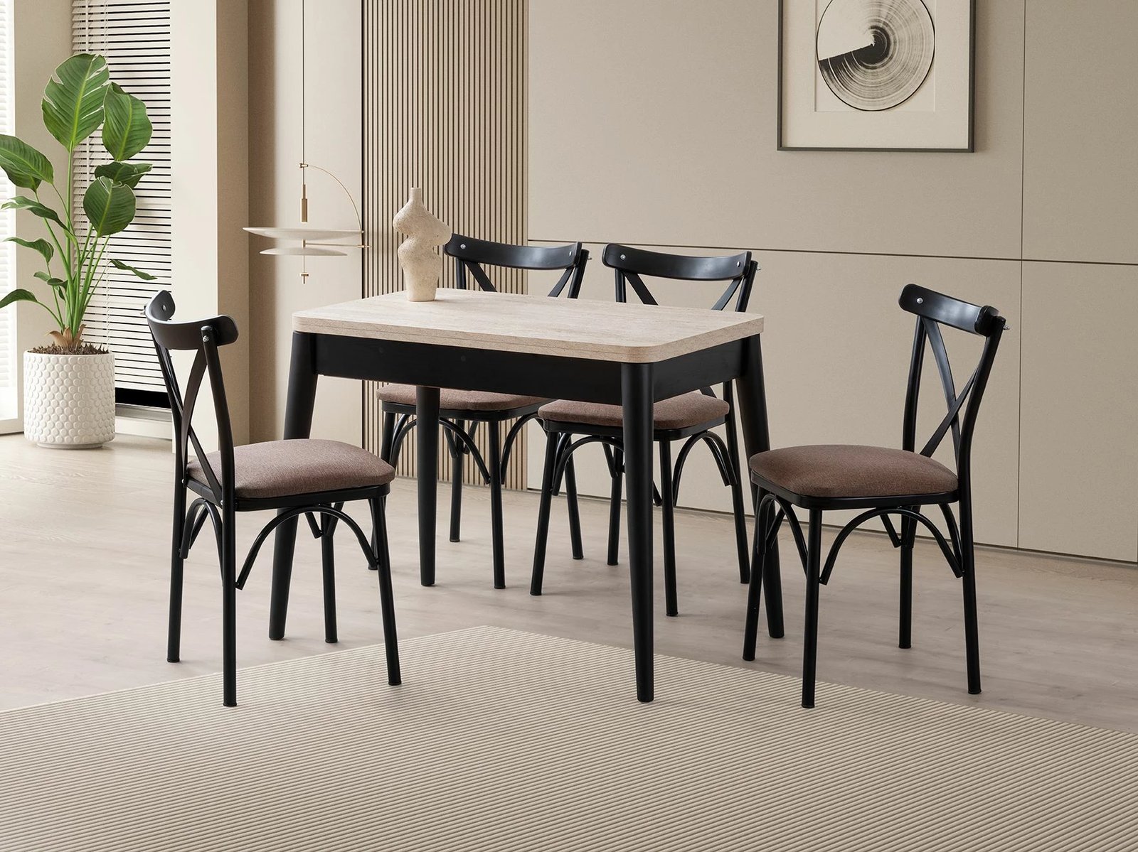 Tavolinë ngrënieje zgjatëse Skye Decor, Dolunay - 1286, travertin & e zezë