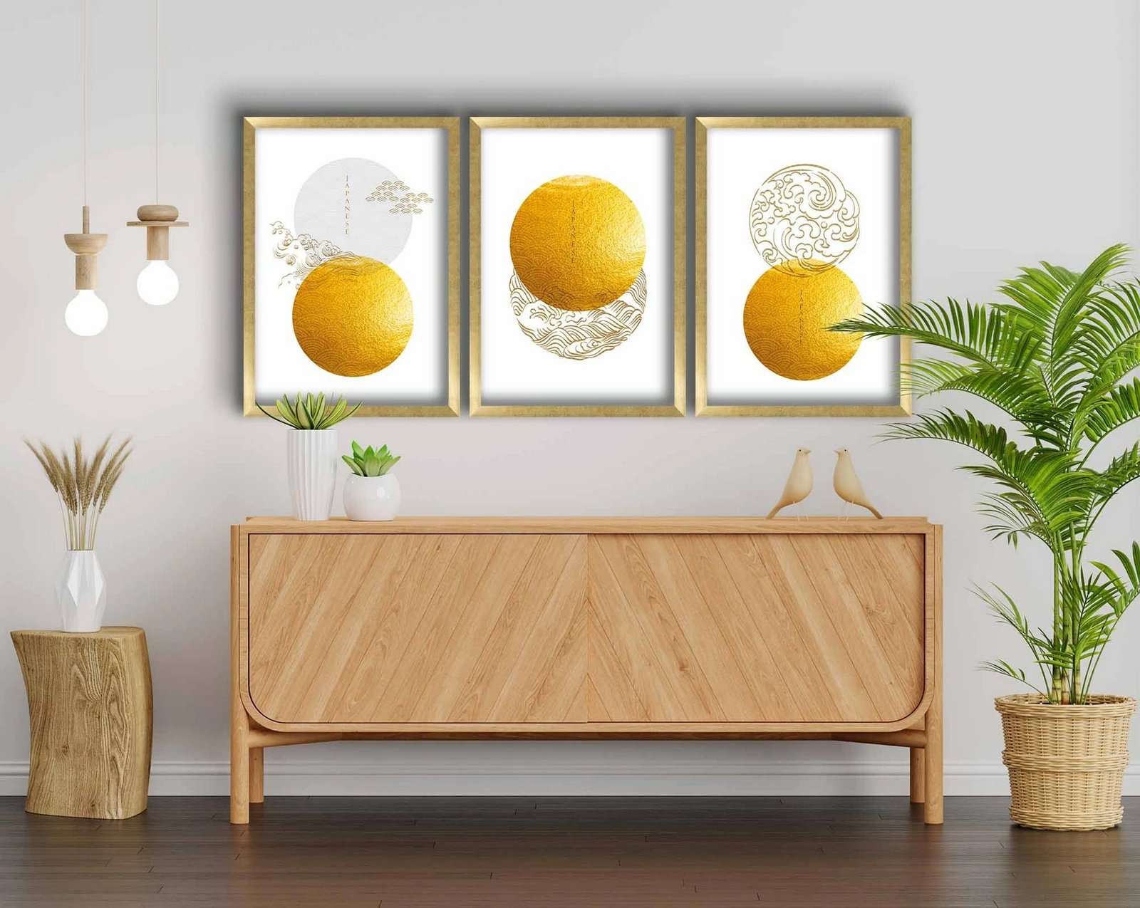 Pikturë dekorative me kornizë, 3 pjesë, ngjyrë ari, mink dhe e bardhë, Wallity 3P3853NISCT-017