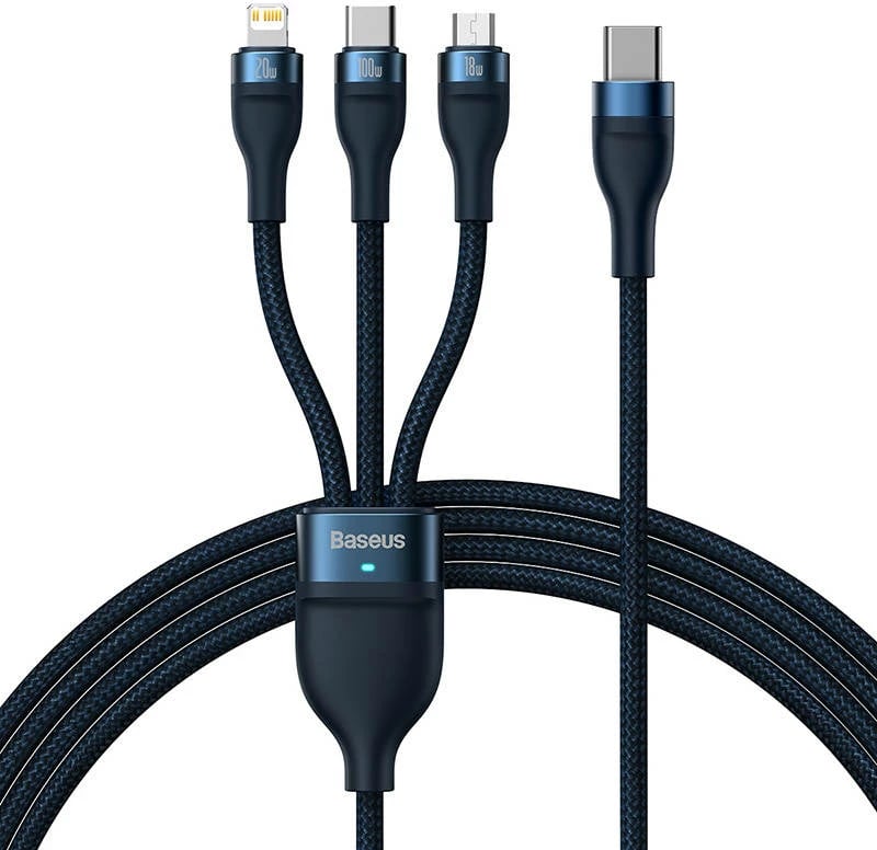 Kabllo 3-në-1 Baseus Flash Series 2, 1.5m, 100W, USB-C + micro USB + Lightning, blu Kabllo 3-në-1 Baseus Flash Series 2, 1.5m, 100W, USB-C + micro USB + Lightning, blu