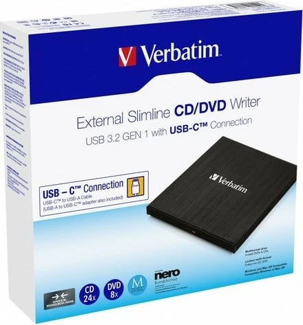 CD/DVD RW i jashtëm Verbatim Slim Burner 43886, USB-C 3.2, i zi
