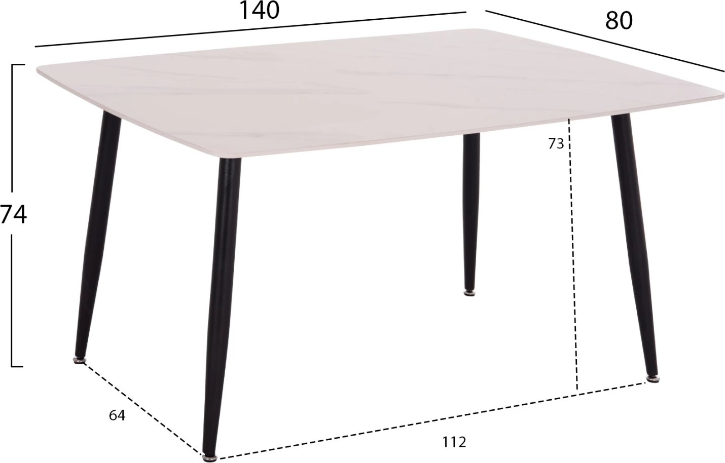 Tavolinë ngrënieje RAVEN, sipërfaqe qeramike, pamje mermeri të bardhë, FH18149.01, 140x80x74cm