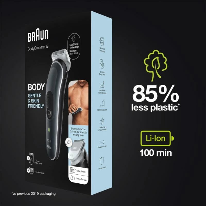 Makinë rroje trupit, Braun BG5350 BodyGroomer Series 5, SkinShield, me 2 krehra + qese mbajtëse, argjendtë/zezë/kafe