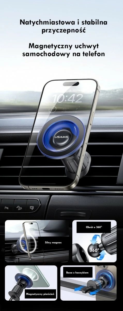Mbajtës makine për grila ajri magnetik, USAMS ZJ081 (USA001646), 360° rotacion, montim me grep, për Celular, zi