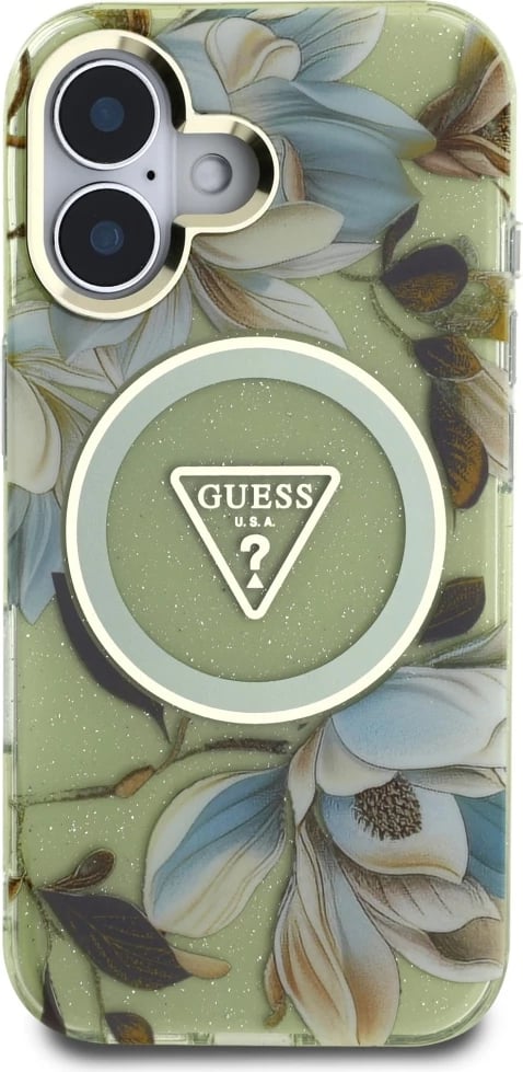 Mbështjellës Guess Glitter Flowers Triangle Buttons MagSafe për iPhone 16, Gjelbër