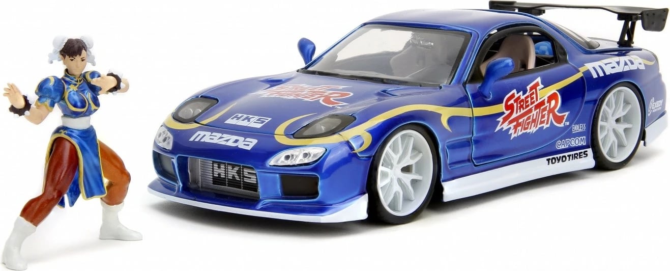 Model makine JADA TOYS Street Fighter 1993 Mazda RX7 1:24 me figurë Chun-Li, Blu, set