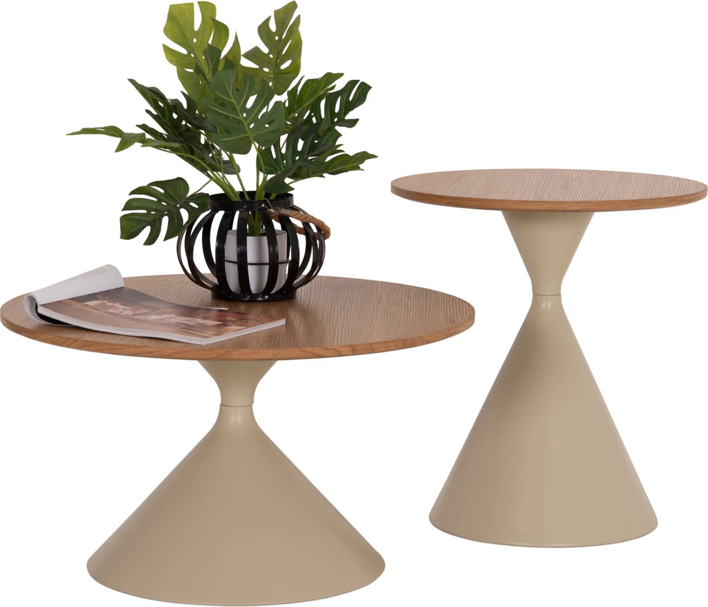 Set 2 tavolina kafeje JENNEL(X), metal ngjyrë shampanje, MDF ngjyrë druri natyral, FH18308.04, Φ50x55.5cm & Φ70x40cm