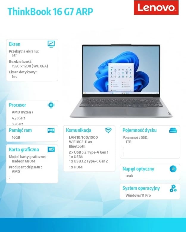 Laptop Lenovo ThinkBook 16 G7 21MW0077PB Ryzen 7 7735HS, 16GB RAM DDR5, 1TB SSD, 16.0" WQXGA, Radeon 680M, Windows 11 Pro, Arctic Grey