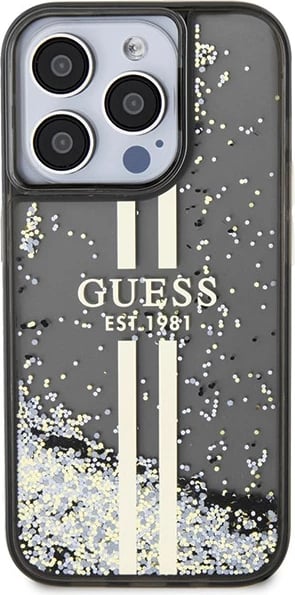 Mbështjellës Guess Liquid Glitter Gold Stripes për iPhone 15 Pro, i zi Mbështjellës Guess Liquid Glitter Gold Stripes për iPhone 15 Pro, i zi