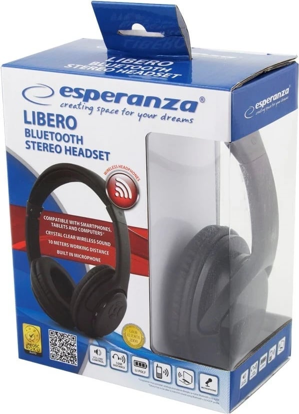 Kufje wireless Esperanza Libero EH163K, head-band, Bluetooth, 10 orë, e zezë