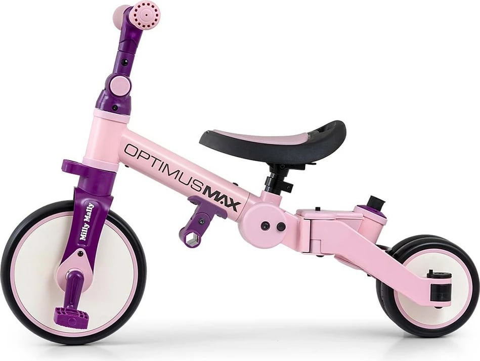 Tricikël 5‑në‑1 me dorezë prindërore, Milly Mally Optimus Max, rrota shkumë, kornizë çeliku, palosshëm, 12M+, ngarkesë 25 kg, rozë
