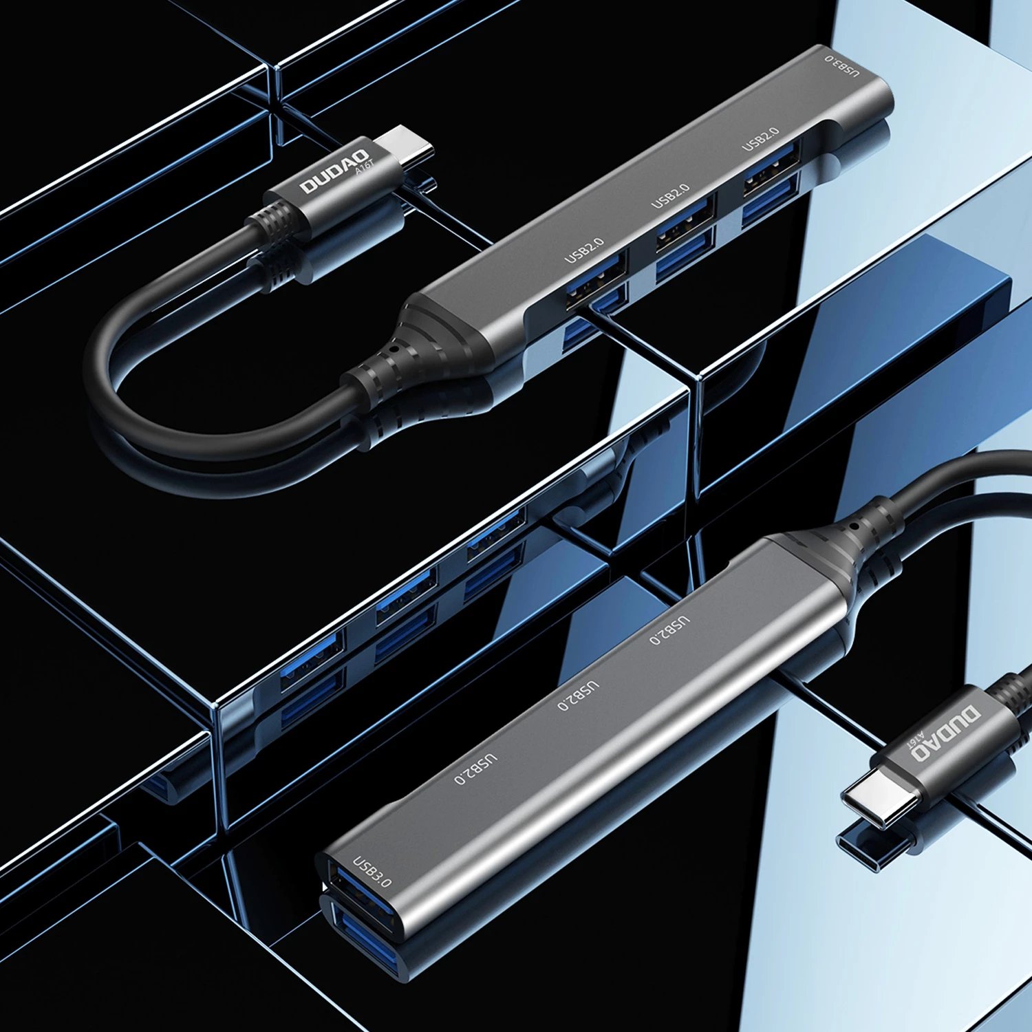 HUB Dudao A16T, 4x USB-A (3x USB2.0, 1x USB3.0), USB-C, 6.3cm, zi