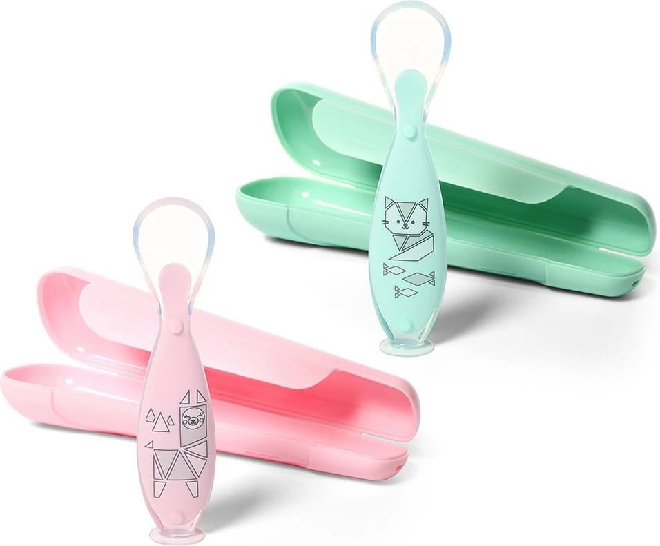Lugë silikoni me kupë thithëse, Baby Ono, me kuti mbrojtëse, pa BPA, për 6m+, jeshile, set 1 lugë + kuti