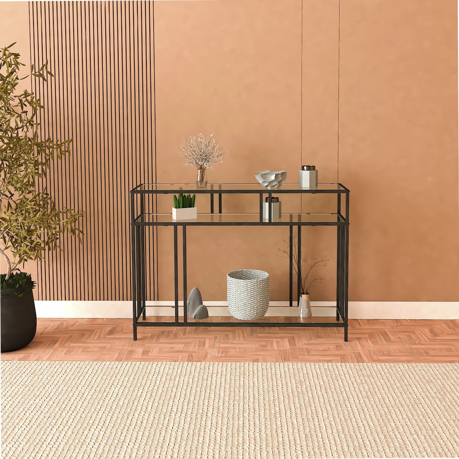 Bufe Hanah Home, Venedik, xham i kalitur, kornizë metalike e zezë, 100x30x78 cm