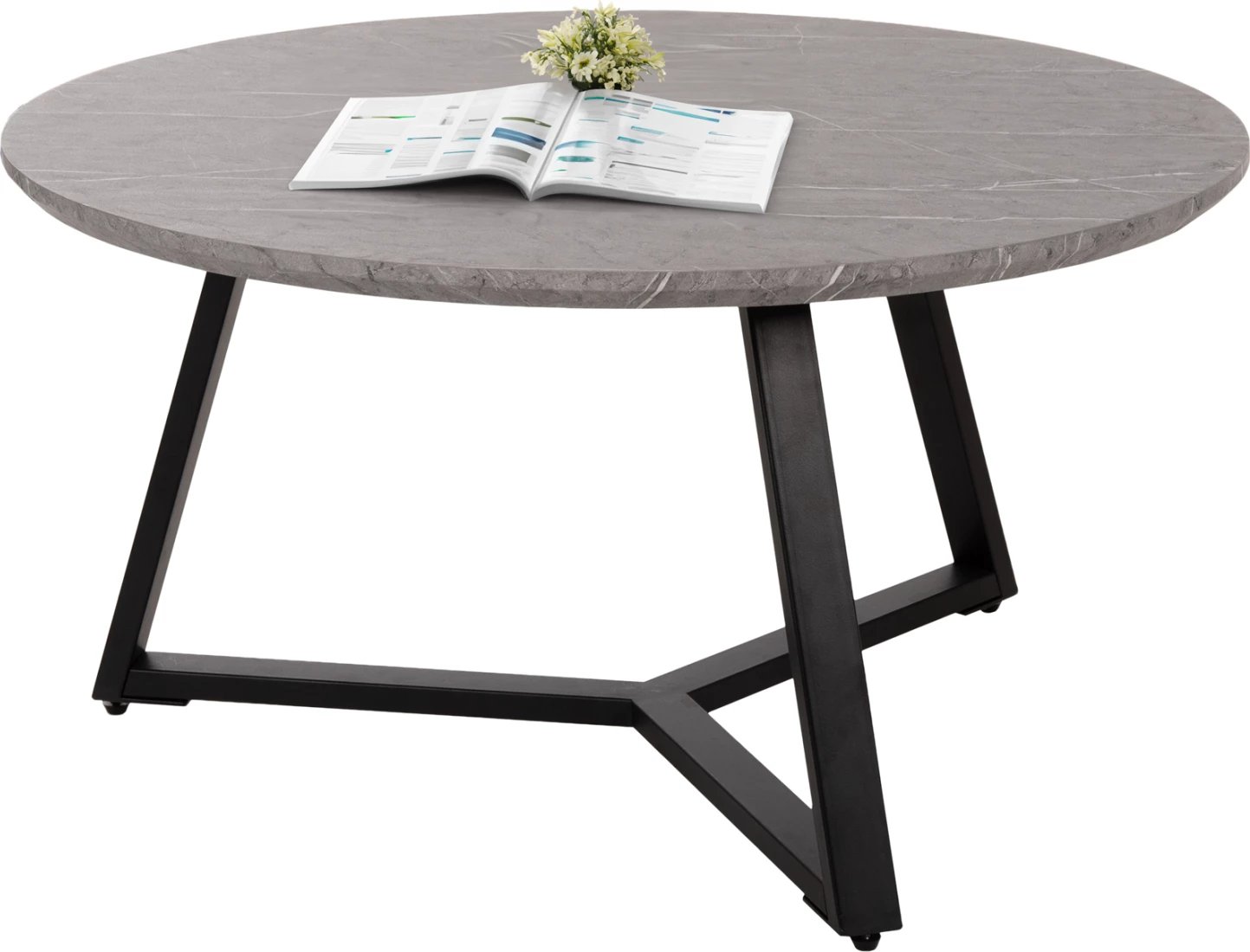 Tavolinë kafeje rrethore, MDF, ngjyrë mermeri gri, bazë metalike e zezë, FH9586.02, Φ80x42H cm